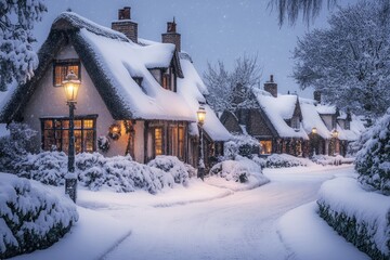 Snowy winter village scene at twilight. Cozy thatched cottages bathed in warm light