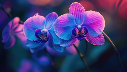 Vibrant, close-up duo of vibrant purple-blue orchids