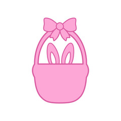 Pink silhouette of Easter basket with bunny ears peeking and bow on top. Vector for cards, kids crafts, spring projects and party decor.