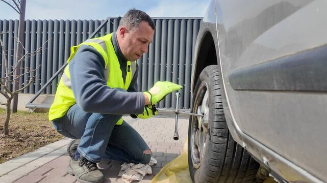 A guy changes tire on street to summer tire in nature