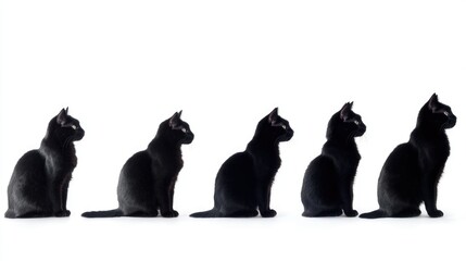 Silhouettes of Four Sitting Cats Artistic Animal Design on a White Background