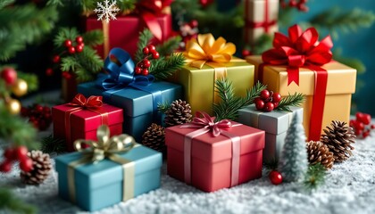 Fototapeta premium Festive Christmas Gift Boxes with Colorful Ribbons and Pinecone Decorations