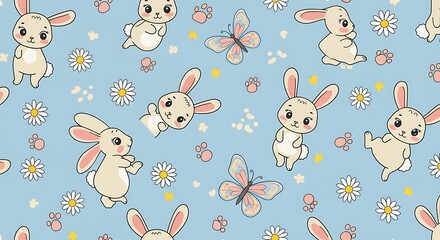 Adorable Bunnies And Butterflies Pastel Springtime Pattern AI Generated