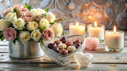 Romantic ambiance with a bouquet of roses, heart-shaped chocolates, and softly glowing candles on a rustic wooden surface