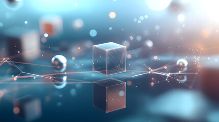 Abstract 3D hologram with cubes and spheres floating in space