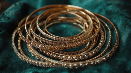 A collection of stacked gold bangles arranged artistically on a deep teal background.