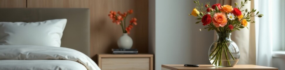 Elegant bottle vase with fresh flowers on modern nightstand, tableware, emerald green bedding