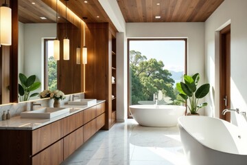 Elegant wooden cabinetry and marble bathroom vanity in a luxurious master bathroom, elegant, wooden cabinets