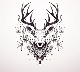 Fototapeta premium Tattoo style black and white, simple Native American tattoos style, deer image, on a white flat background.