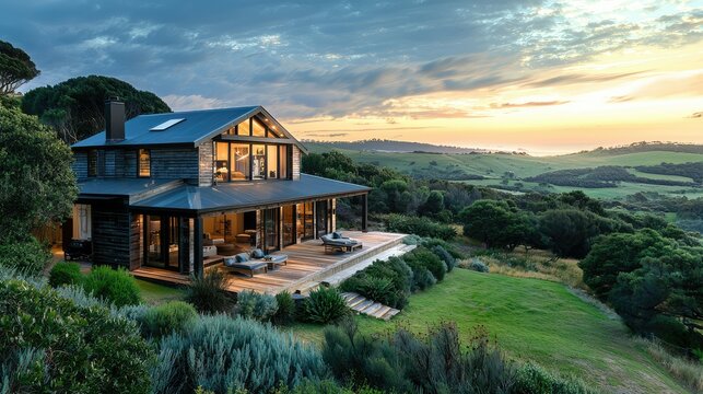A luxurious wooden country house with Nordic architecture nestled near Wilson's Promontory, surrounded by lush greenery and rolling hills.