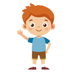 Cartoon Boy Waving Hand Cheerful Child, Friendly Gesture, Light Blue Shirt, School Kids, Happy Kid