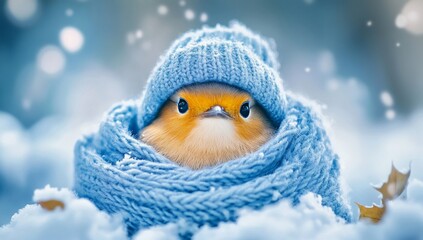 Obraz premium Cute bird in knitted hat and scarf in winter snow. Possible use Greeting card, social media post, children's book illustration