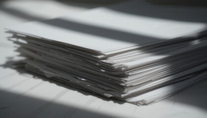 A High Stack of Blank White Papers in Sunlight Perfect for Office Business or Creative Concepts