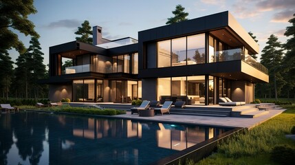 Fototapeta premium A photo of a sleek black triple-story modern villa.