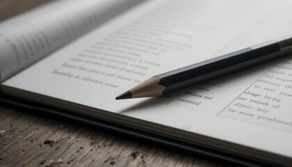 Dark Pencil Resting on Open Book Page Close up Shot Reading Education Studying Concept
