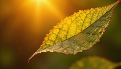 Golden glow on a sun-kissed leaf surface featuring subtle embossed details and warm metallic sheen, foliage designs, leaf patterns