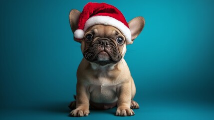 Cute french bulldog puppy wearing a santa hat, sitting and looking forward on a vibrant blue background, perfect for christmas themes