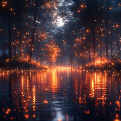 Fireflies Reflections Forest Pond Mystical Night Glowing Lights Enchanted Fantasy Atmosphere Illustration