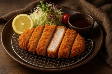 Authentic Japanese Tonkatsu Pork Cutlet (とんかつ, 돈카츠) with Fresh Cabbage Salad and Lemon

