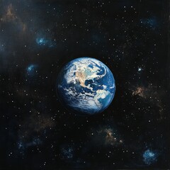 Fototapeta premium Earth in the vastness of space. A vibrant blue planet surrounded by a star-studded dark sky