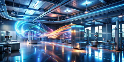 Fototapeta premium A futuristic industrial facility showcasing dynamic energy flows and advanced machinery within a sleek, modern architectural space