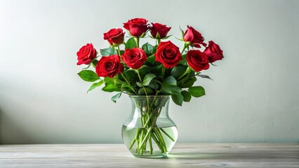 A vibrant bouquet of deep red roses arranged in a clear glass vase, sitting on a rustic wooden surface against a soft, neutral backdrop
