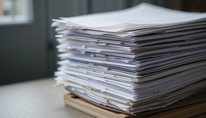 A Large Stack of Paper Documents on a Wooden Tray near a Window Organized paperwork for office or home