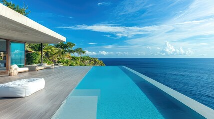 Obraz premium A luxury villa overlooking the ocean, with an expansive outdoor deck and a large pool stretching towards the horizon.