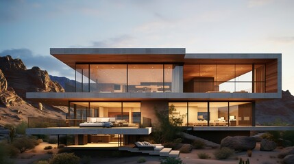 Fototapeta premium A photo of a sleek triple-story desert house. ,