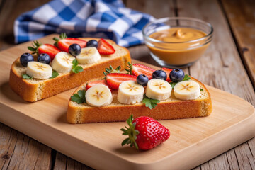 wooden cutting board topped with slices of bread covered in fruit
