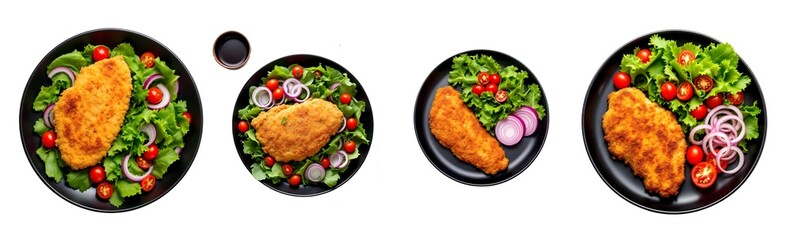 A breaded and fried chicken breast served on a black plate with a fresh green salad , cherry tomatoes , and red onion slices on plate and  white  background