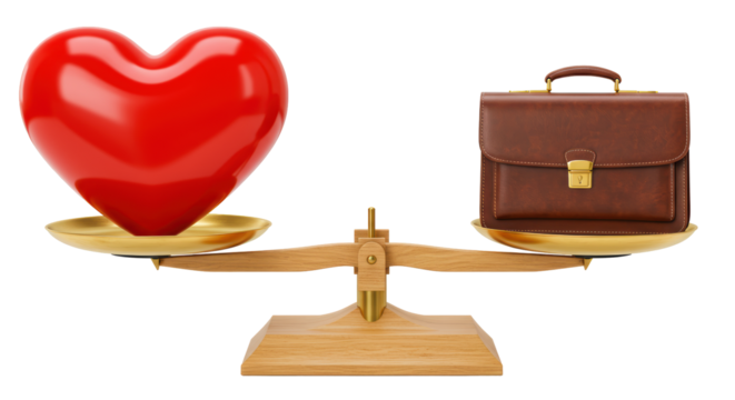 Isolated Heart and Briefcase on Scales Representing Work-Life Balance