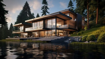 Obraz premium A photo of a sleek triple-story lake house. ,