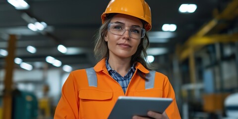 A woman in a safety vest and helmet is holding a tablet. She is wearing a hard hat and safety glasses