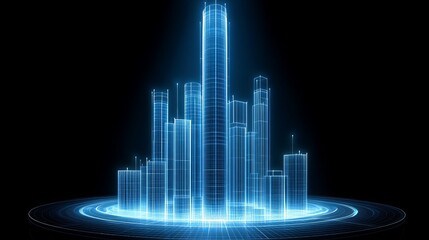 Futuristic Cityscape Digital Wireframe Model glowing in blue light A modern abstract design