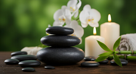 Obraz premium Dark Stones with White Candles and Orchid Flowers on Wood Surface in Spa and Green Nature Background