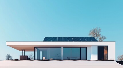Fototapeta premium Modern home design with solar panels under a clear blue sky. Sustainable Living