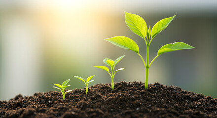 Young Green Seedlings Growing in Soil with Sunlight