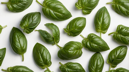 Fototapeta premium Fresh basil leaves isolated on white background. Top view