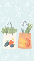 Illustration of bags filled with fresh vegetables on a pastel background. Sustainable Living