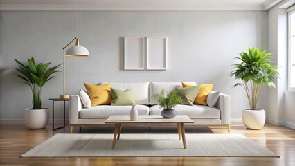 Serene Living Room Interior Design with Modern Sofa, Plants, and Minimalist Decor