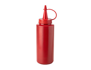 Ketchup squeeze bottle in red plastic, isolated on a transparent background. High-resolution PNG cutout for e-commerce, menu designs, food labels, and advertising materials