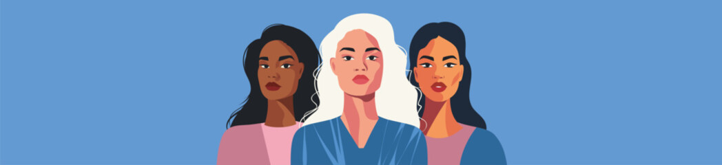 Vector illustration portrait of three different women with different skin color and nationalities. Demonstration of strength, unity through facial expression, women empowerment, gender equality