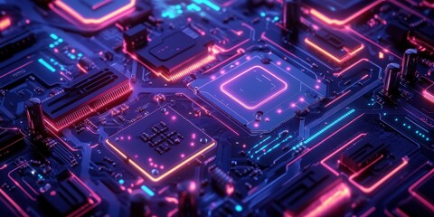 Obraz premium Futuristic circuit board with neon colors and glowing elements