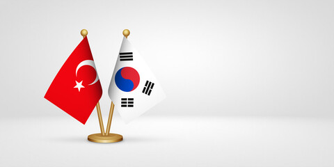 Turkey vs South Korea desk flags mockup 3d illustration. Versus flag of Turkiye