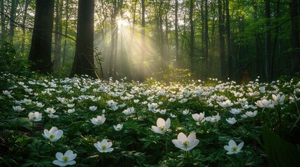 A magical forest scene with sunlight streaming through the canopy, highlighting the pure white petals of anemones among other wildflowers.