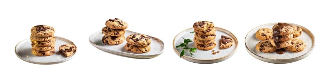 Healthy oat cookies with chocolate on white background Top view