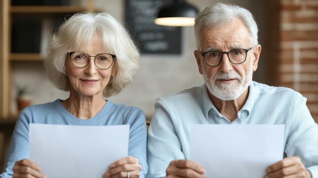 Happy seniors reading together in cozy cafe setting