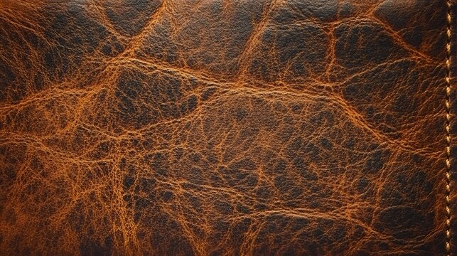 Close up of distressed brown leather texture showing rich detail and stitching