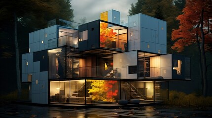 Fototapeta premium A photo of a triple-story cube-shaped house.